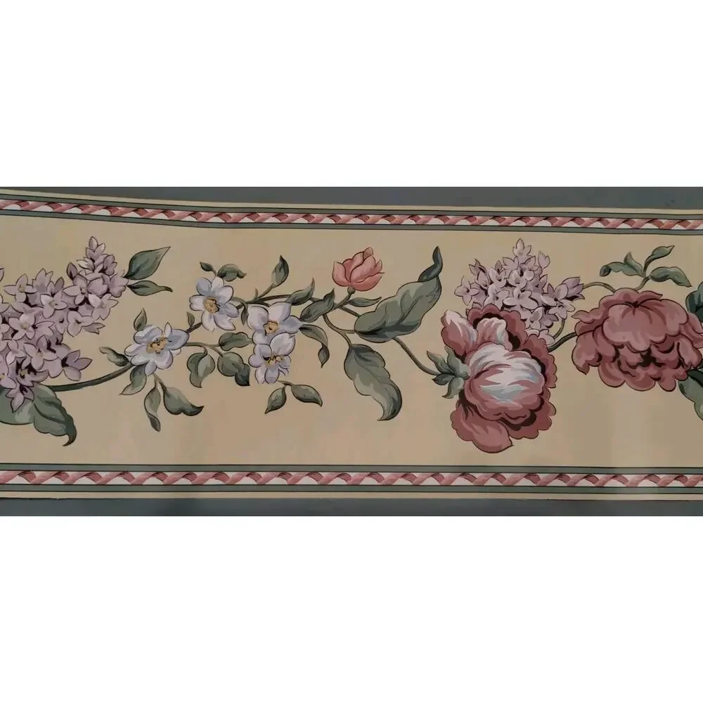 Pink Rose Lilac Flower Floral Leaf Country Wallpaper Border - Beige 5.5 yds